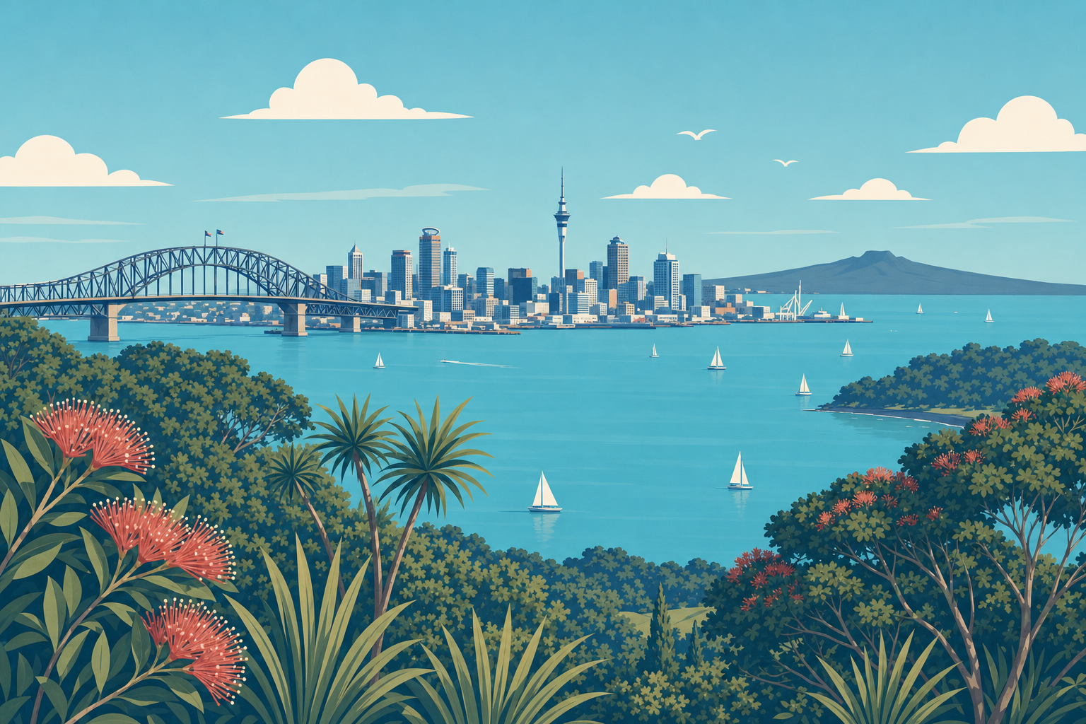 Illustration of Auckland Harbour, the Harbour Bridge, city skyline and Rangitoto