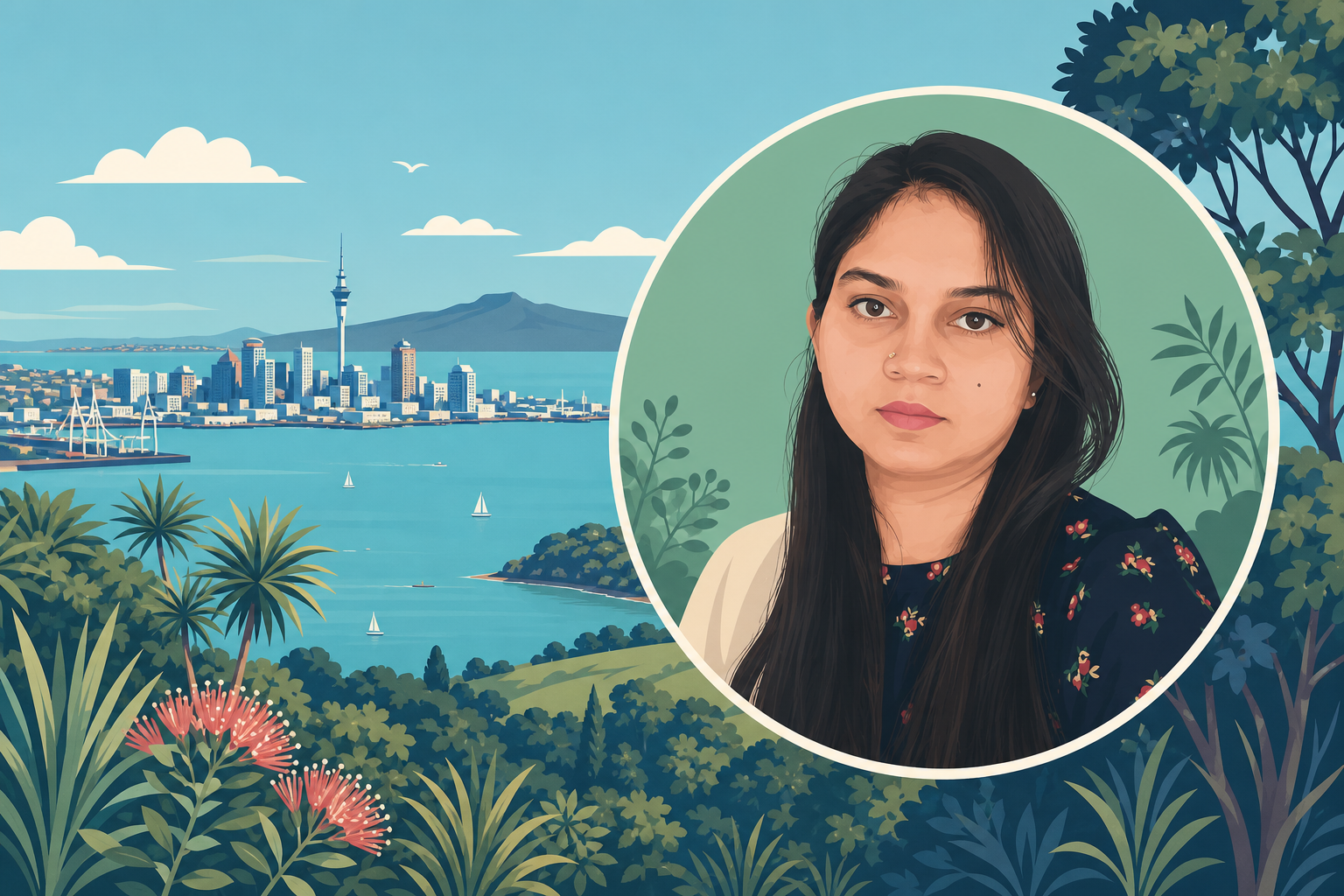 Illustrated portrait of Tayyaba with Auckland Harbour, the Sky Tower, Rangitoto and native greenery
