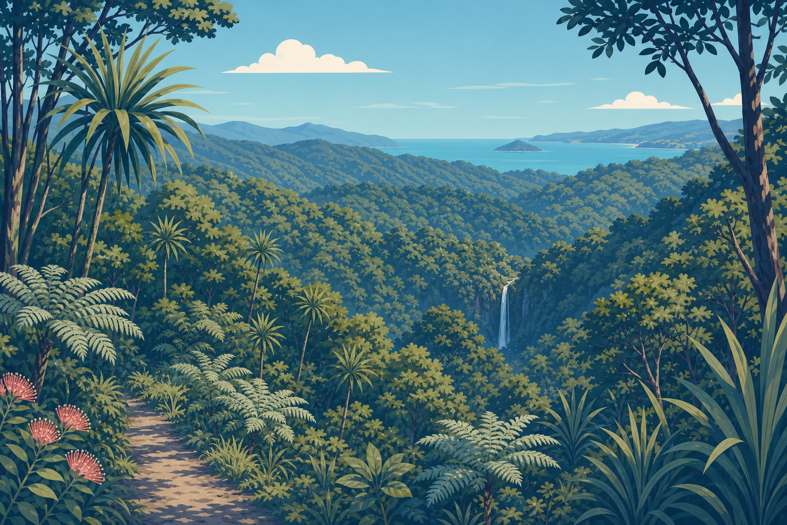 Illustration of the Waitākere Ranges, native bush and a distant waterfall